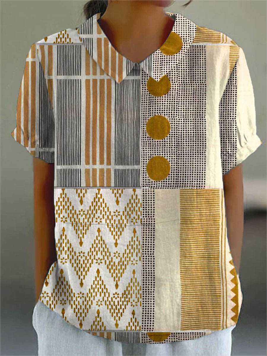 Camisa Vintage de Mujer con Estampado de Geometría Abstracta