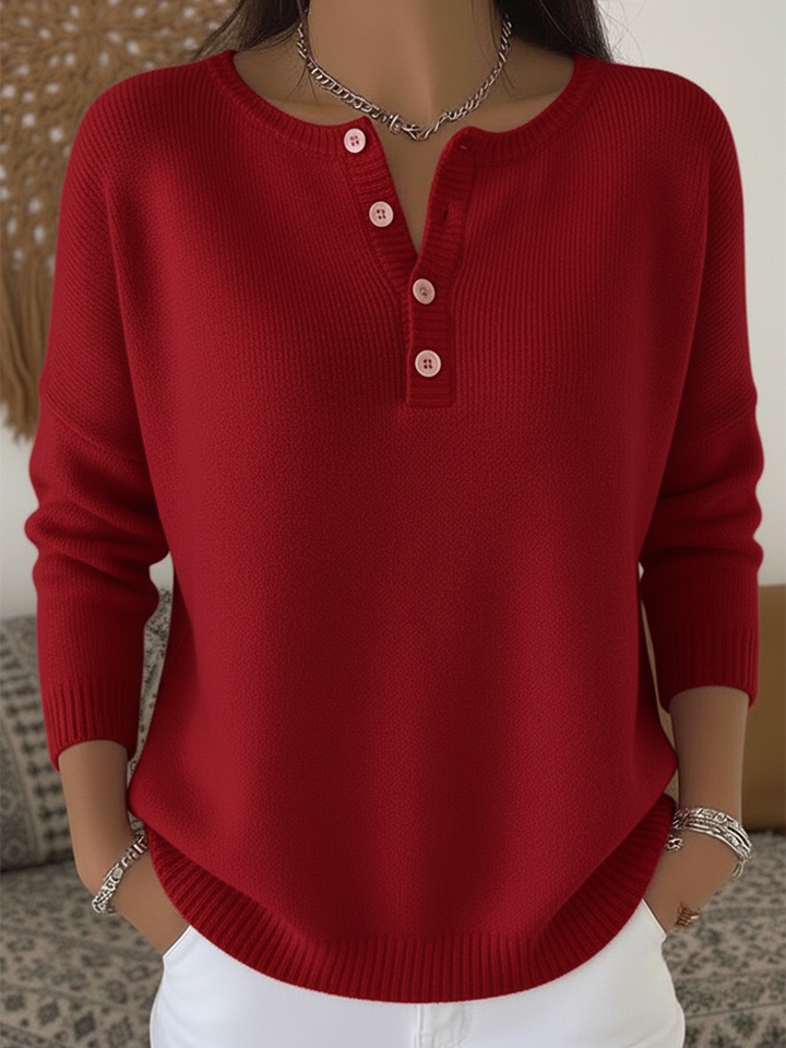 Top de Suéter de Mujer con Cuello Henley y Color Sólido, Suave