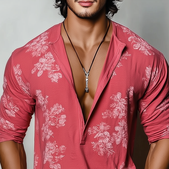 Camiseta de manga larga con cuello Henley y estampado floral para hombre