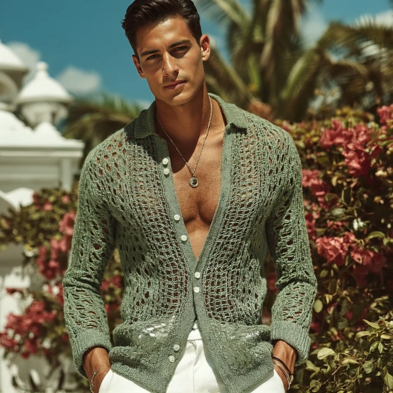 Camisa retro casual de manga larga con cuello de punto hueco para hombre