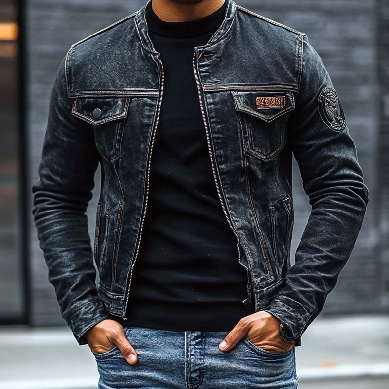 Chaqueta vaquera de ajuste slim con cuello de béisbol lavada vintage para hombre