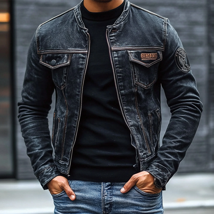 Chaqueta vaquera de ajuste slim con cuello de béisbol lavada vintage para hombre