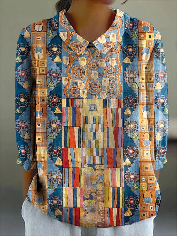 Vestido cruzado sin mangas de algodón para mujer con bolsillo y estampado artístico geométrico abstracto
