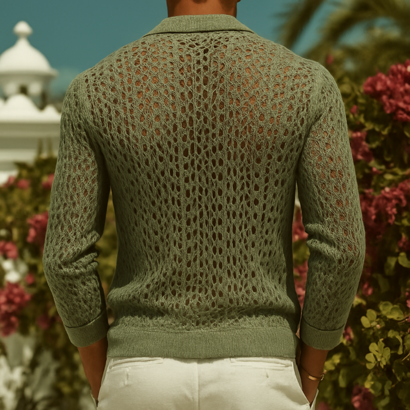 Camisa retro casual de manga larga con cuello de punto hueco para hombre