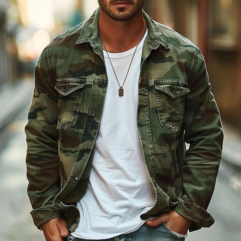 Chaqueta retro de lona camuflada con solapa para hombre