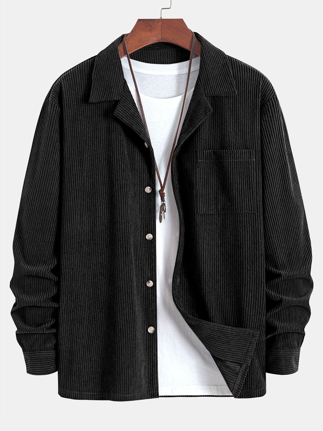 Camisa de Manga Larga de Corduroy con Cuello Cubano y Pantalones de Corduroy de Pierna Recta