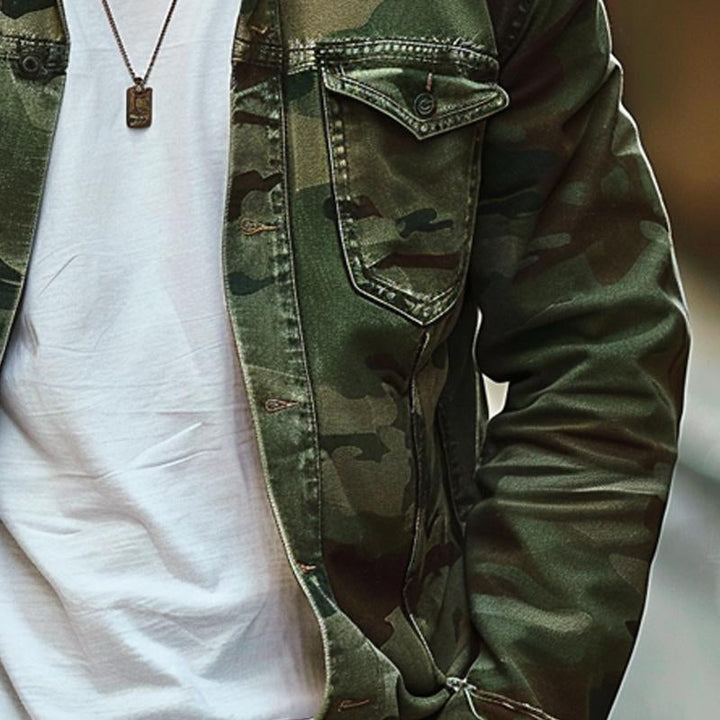 Chaqueta retro de lona camuflada con solapa para hombre