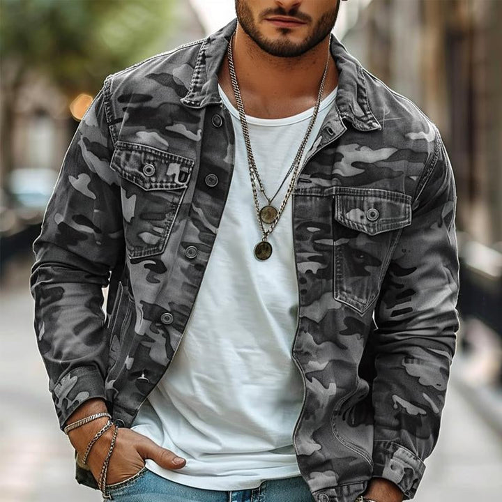 Chaqueta retro de lona camuflada con solapa para hombre