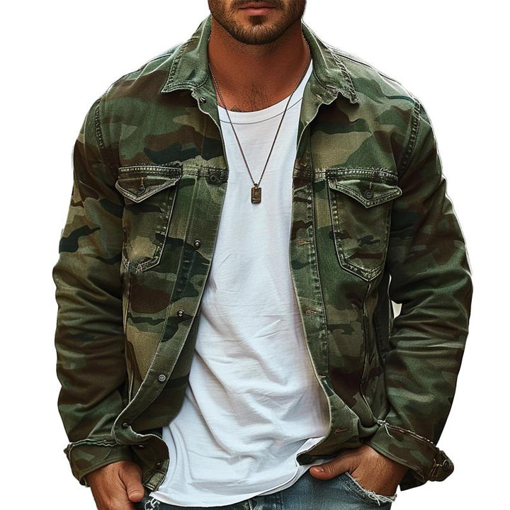 Chaqueta retro de lona camuflada con solapa para hombre