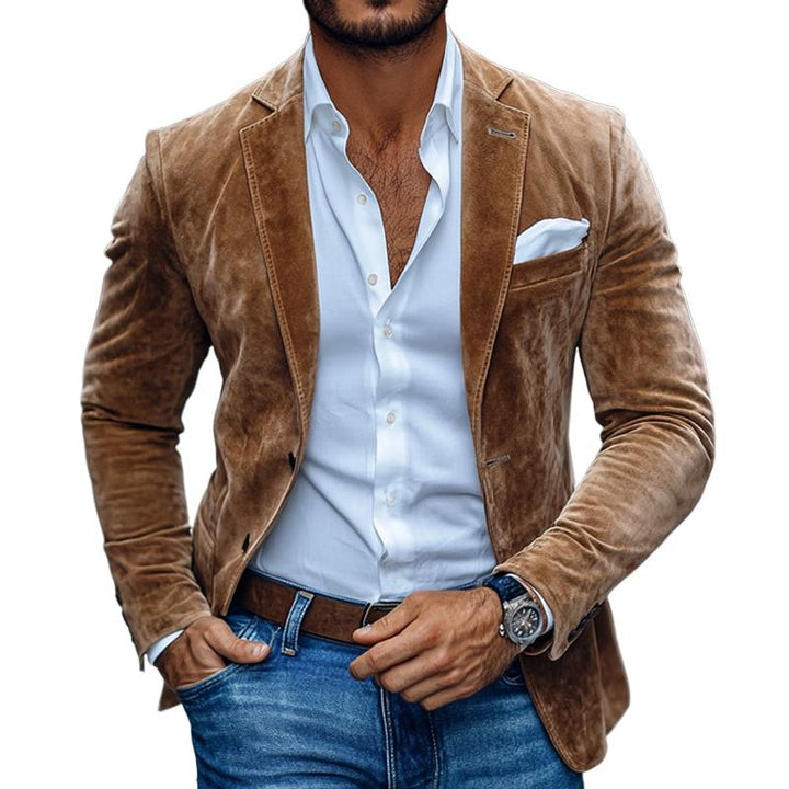 Blazer casual de ante sólido con solapa de muesca y dos botones para hombre