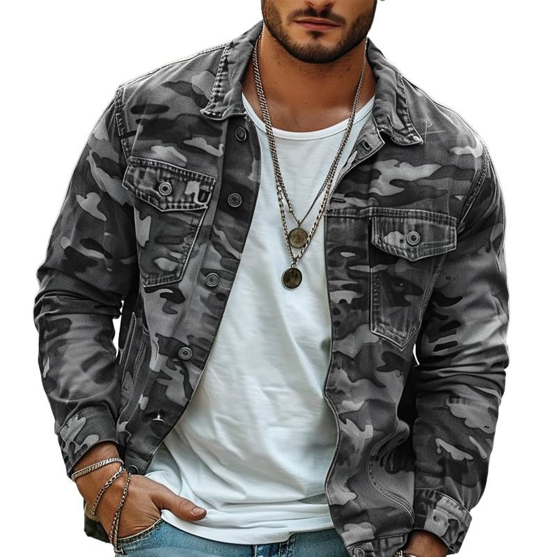 Chaqueta retro de lona camuflada con solapa para hombre
