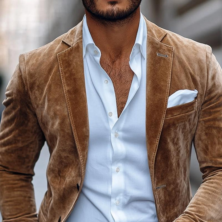 Blazer casual de ante sólido con solapa de muesca y dos botones para hombre