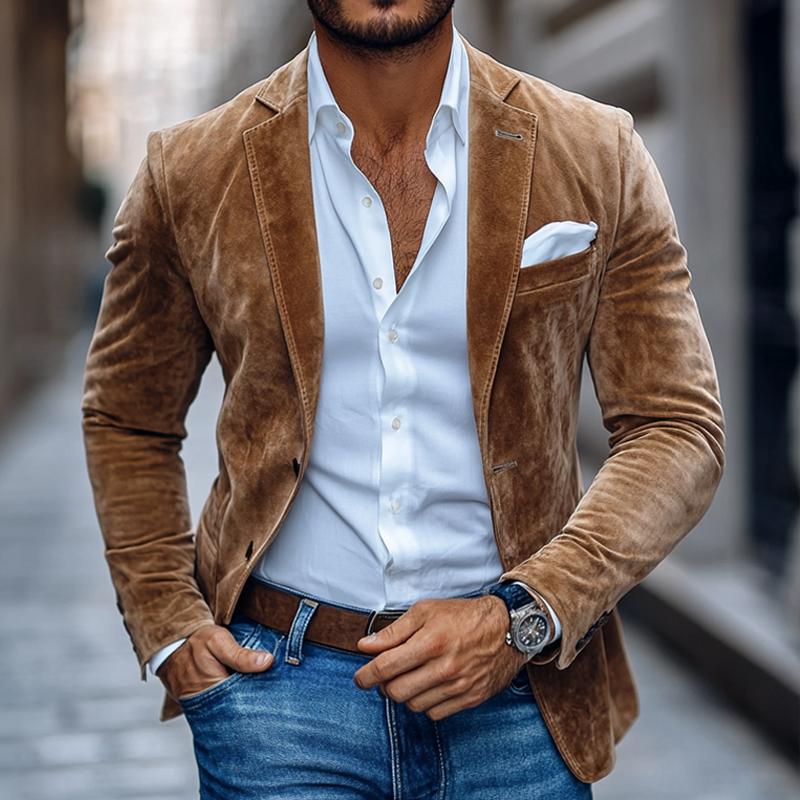Blazer casual de ante sólido con solapa de muesca y dos botones para hombre