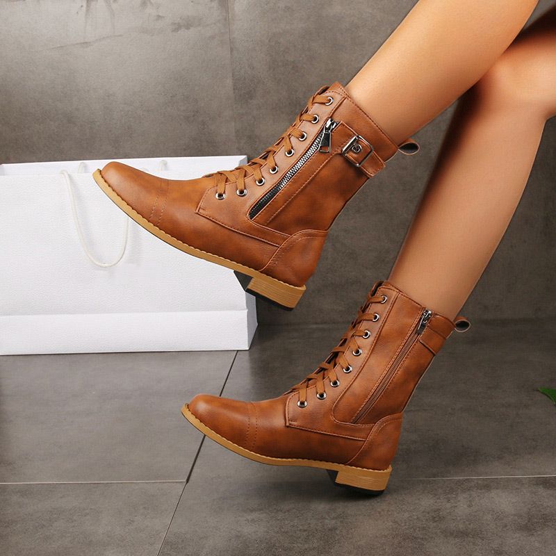 Botas Ortopédicas de Cuero para Mujer con Punta Redonda y Cremallera Lateral