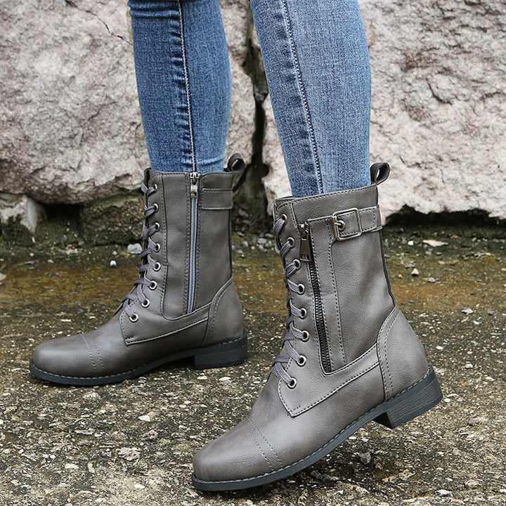 Botas Ortopédicas de Cuero para Mujer con Punta Redonda y Cremallera Lateral